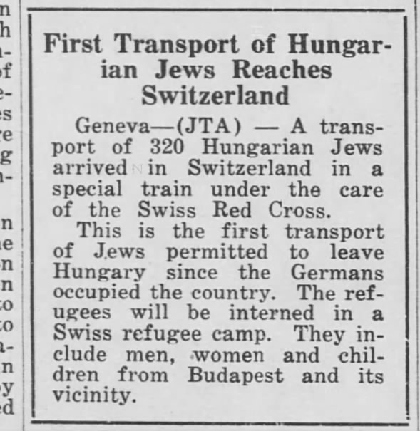 First Transport of Hungarian Jews Reaches Switzerland