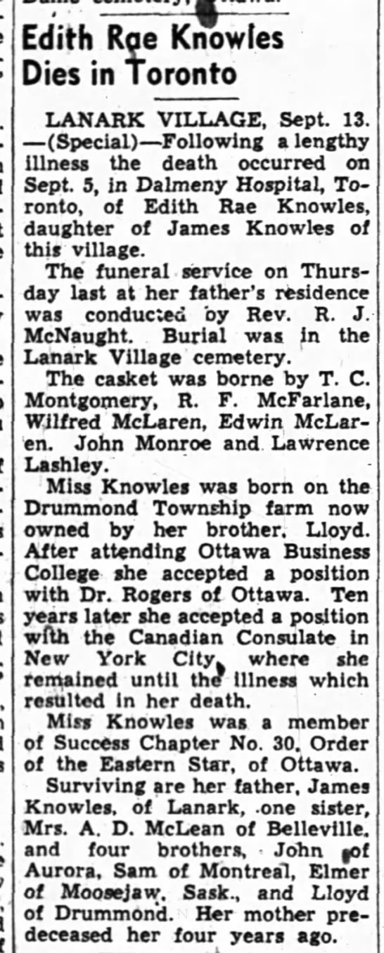  - : . Edith Rae Knowles Dies in Toronto LANARK...