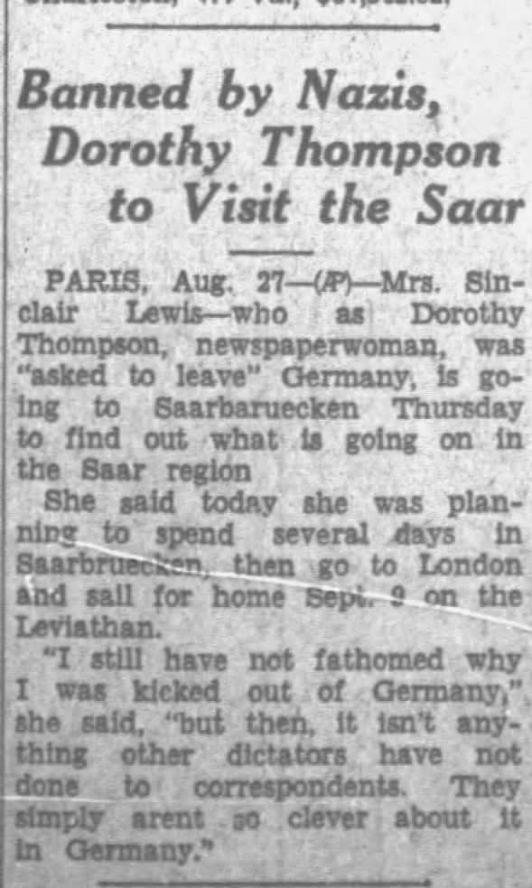 Banned by Nazis, Dorothy Thompson to Visit the Saar
