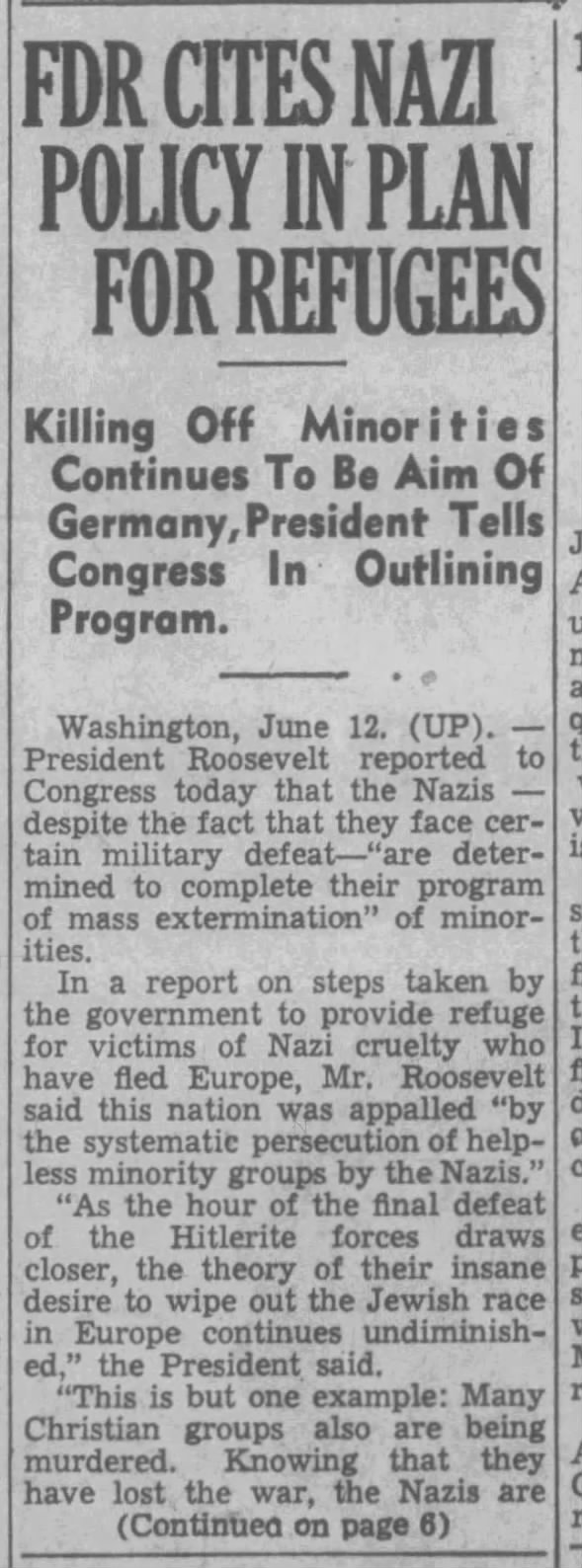 FDR CITES NAZI POLICY IN PLAN FOR REFUGEES