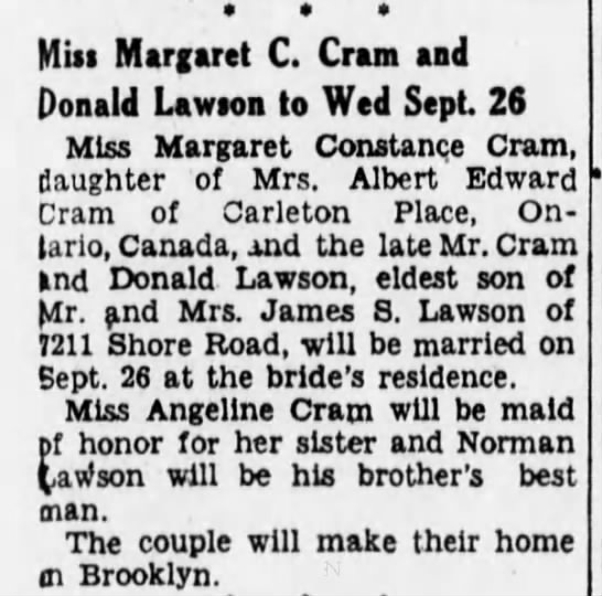  - Miss Margaret C. Cram and Donald Lawson to Wed...