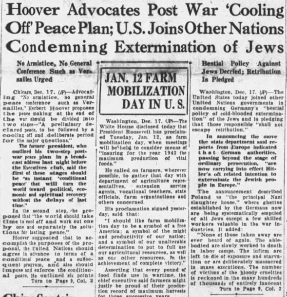 Hoover Advocates Post War 'Cooling Off' Peace Plan; U. S. Joins Other Nations Condemning Extermination of Jews