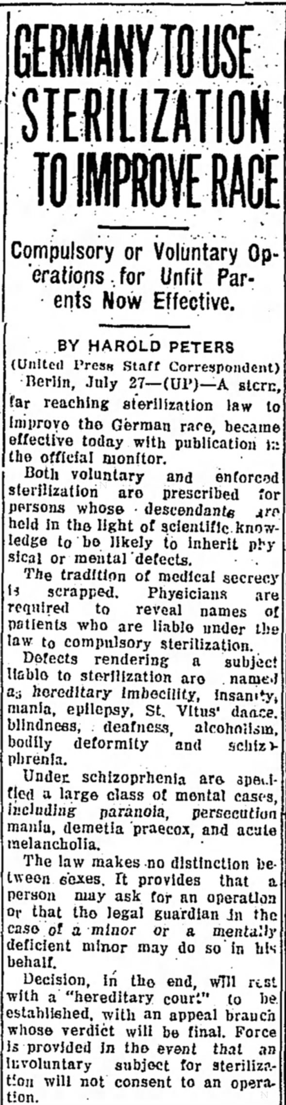 Germany To Use Sterilization To Improve Race