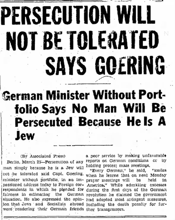 Persecution Will Not Be Tolerated Says Goering