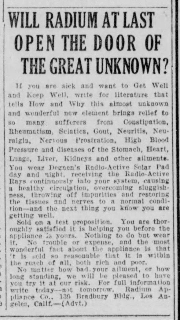 Radium Cure, Atlanta Journal,
Sunday, June 12, 1921
