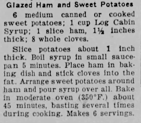Glazed Ham and Sweet Potatoes recipe, 1959