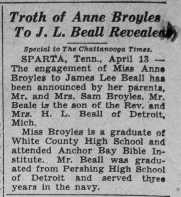 Broyles-Beall engagement (Apr 1946)