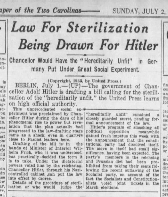 Law for Sterilization Being Drawn for Hitler