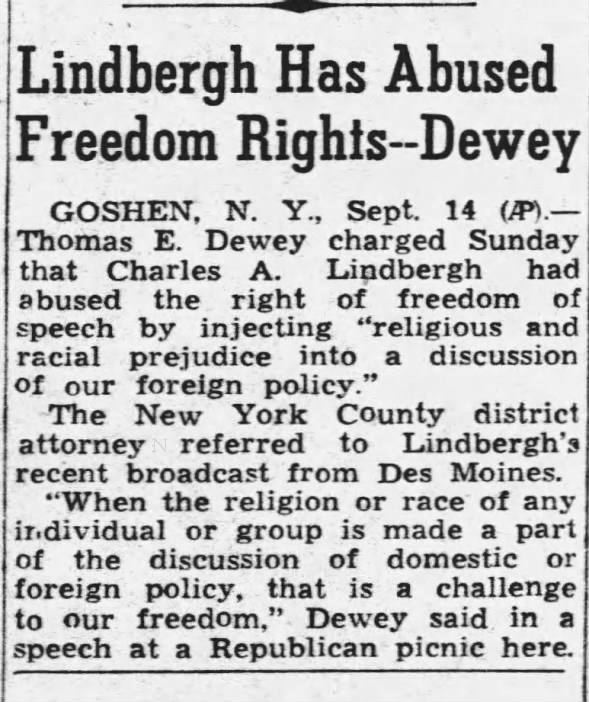 Lindbergh Has Abused Freedom Rights--Dewey