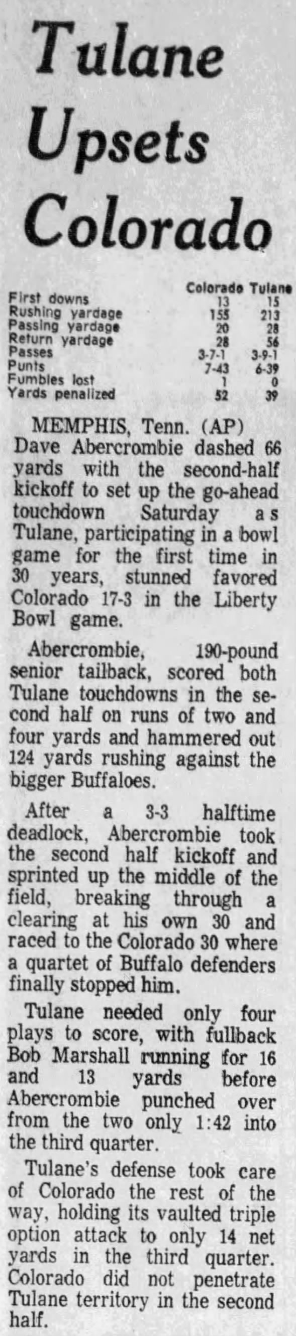 1970 Liberty Bowl, Colorado vs Tulane