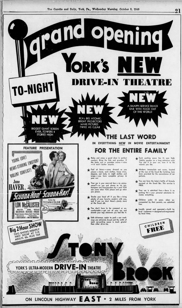Ad announcing the grand opening of the Stony Brook Drive-In.