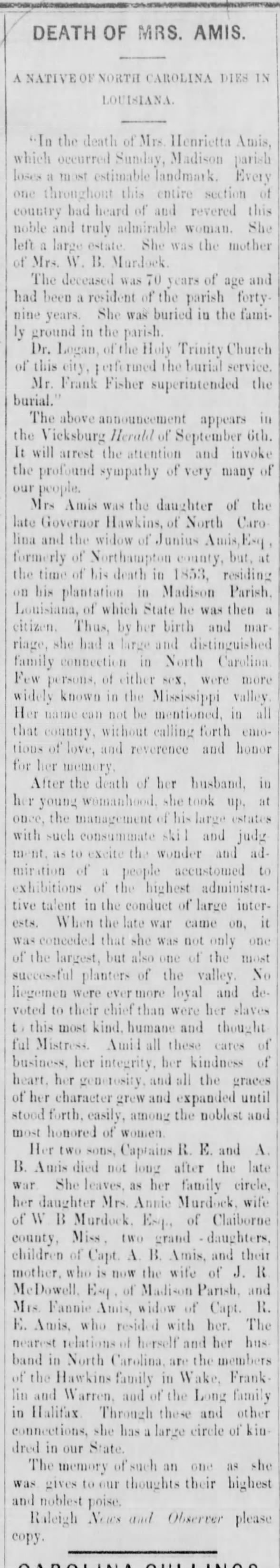 Death of Henrietta Amis - Daughter of Gov. Hawkins