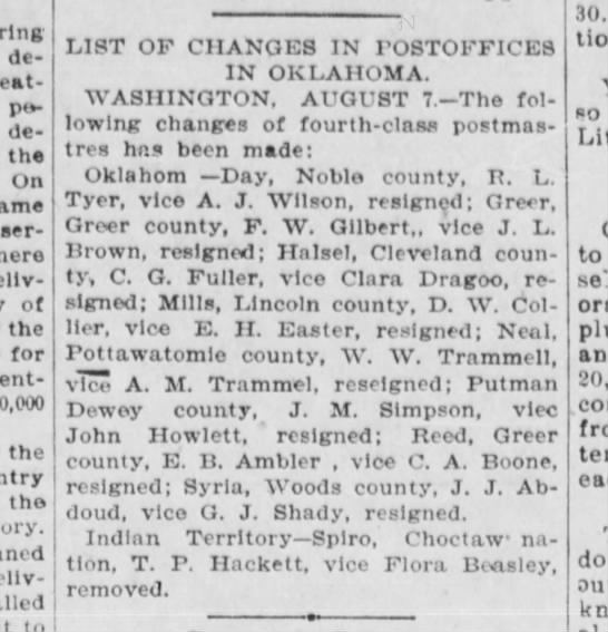 Post Office Postmaster changes; 8 Aug 1900 Guthrie Daily Leader (OK) - delivery period department. the On service...