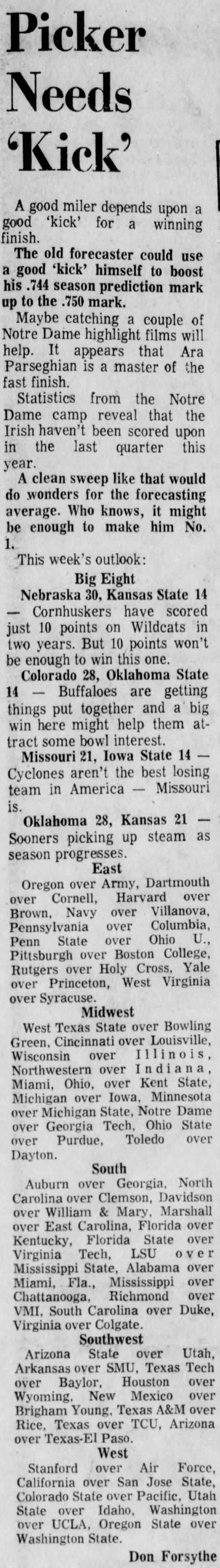 1970.11.13 Don Forsythe predictions, Kansas State week