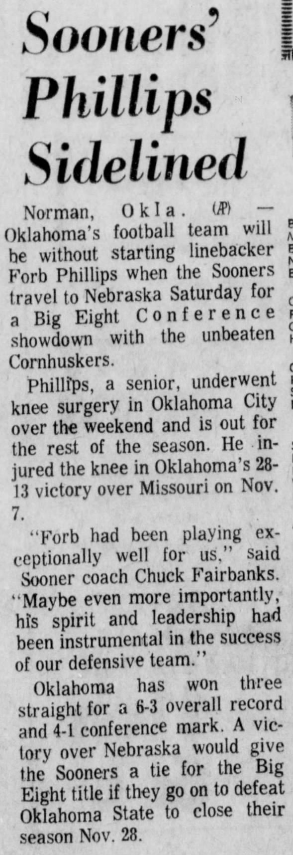 1970.11.16 Sooners' Forb Phillips out