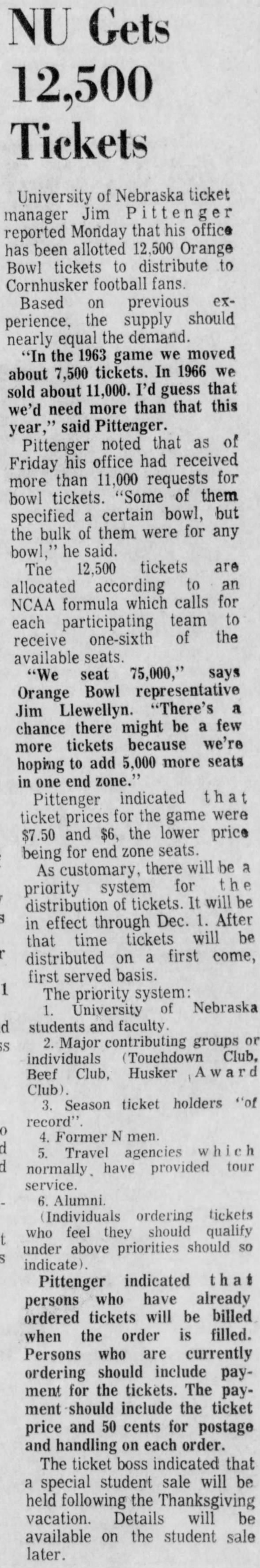 1970.11.15 Bowl tickets allotted