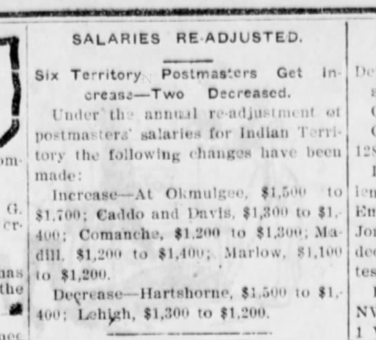 4 Jun 1905 Daily Ardmoreite (OK); postmaster salary readjustments - 0. rr- hn thu SALARIES RE-ADJUSTED. Six...
