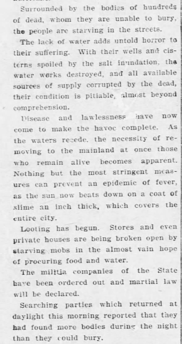 Description of the situation in Galveston in the days following the 1900 hurricane