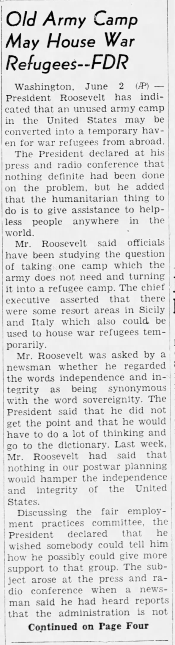 Old Army Camp May House War Refugees -- FDR