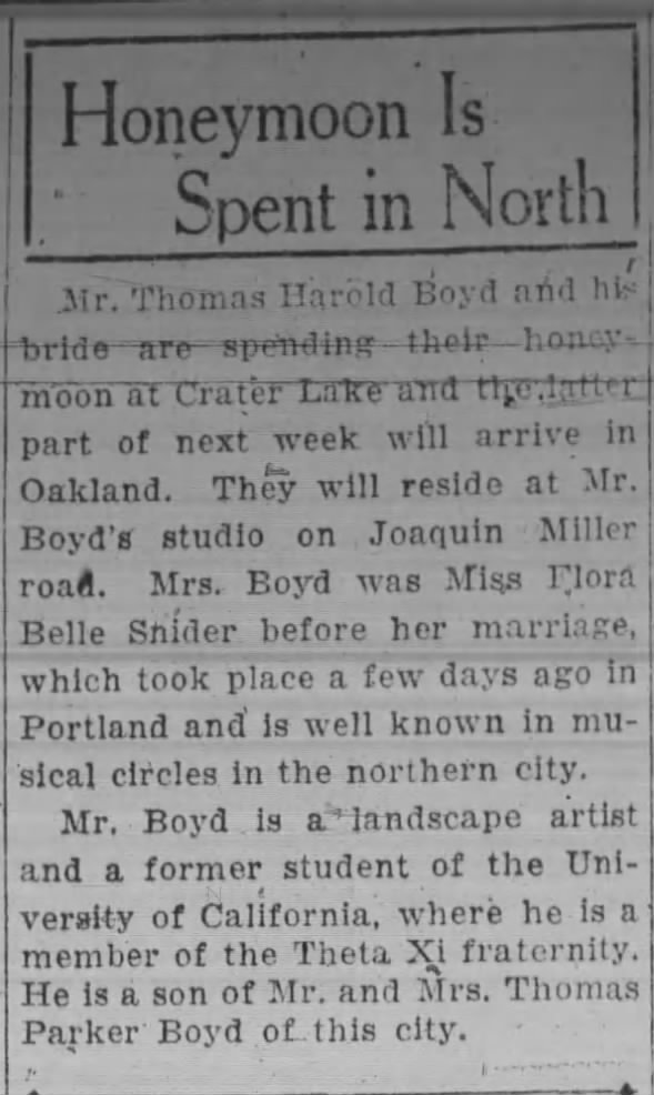 Honeymoon Is Spent in North
Thomas Harold Boyd & bride
studio on Joaquin Miller road