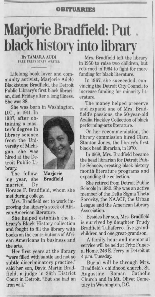 Marjorie Bradfield 1999 Obit Free Press - 
