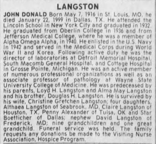 Obituary for JOHN DONALD LANGSTON, 1916-1999