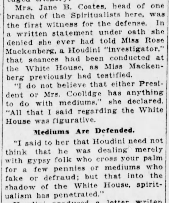 Jane Coates denies saying Coolidge White House held seances - 
