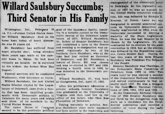 Willard Saulsbury Succumbs; Third Senator in His Family - 