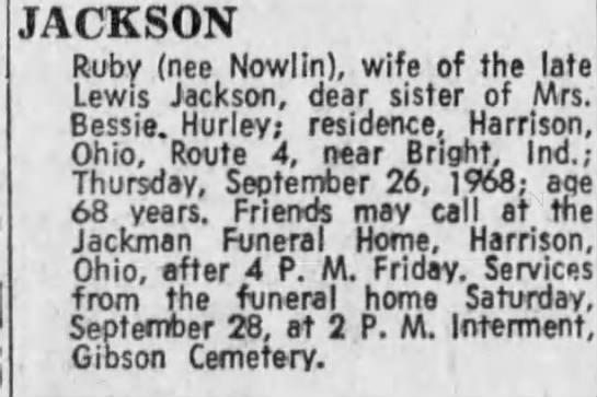 Obituary: Ruby JACKSON nee Nowlin (Aged 68) - 
