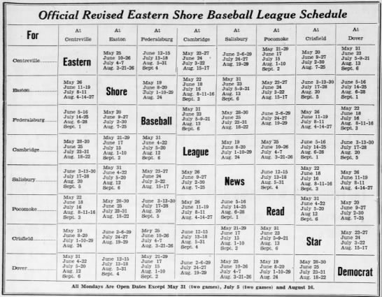 1937 Eastern Shore League schedule - 