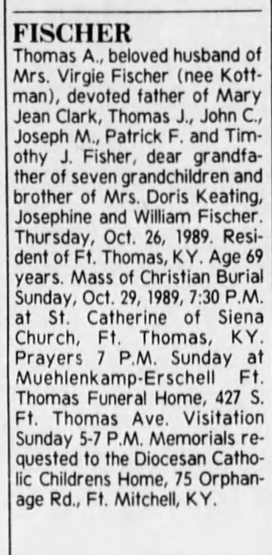 Obituary for Thomas A. FISCHER (Aged 69)