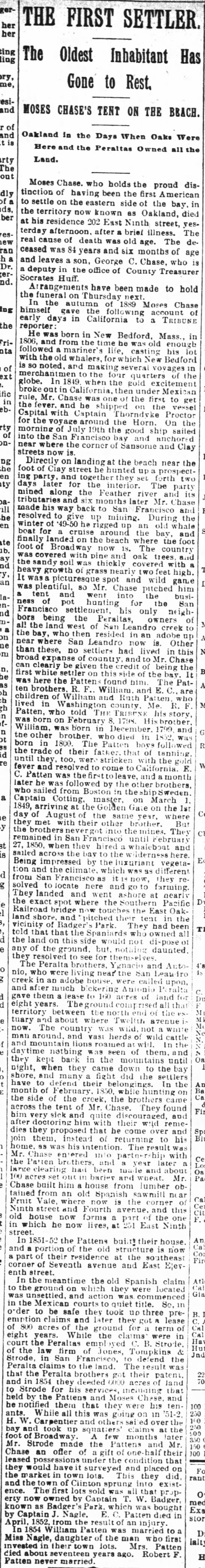 Moses Chase death
Story of Oakland's beginnings; Patten, Carpentier, Peralta - 