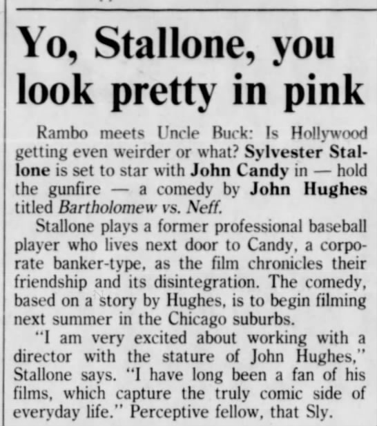 Sylvester Stallone and John Candy in Bartholomew vs Neff by John Hughes - 