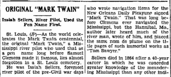 Article on Isaiah Sellers, probably the first to use "Mark Twain" pen name - 