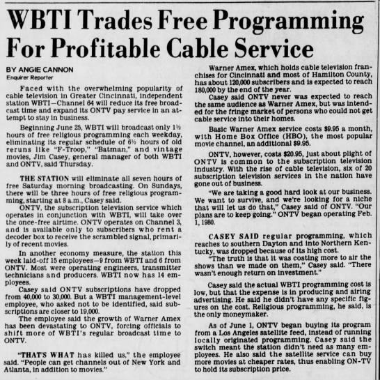 WBTI Trades Free Cable Programming For Profitable Cable Service - 