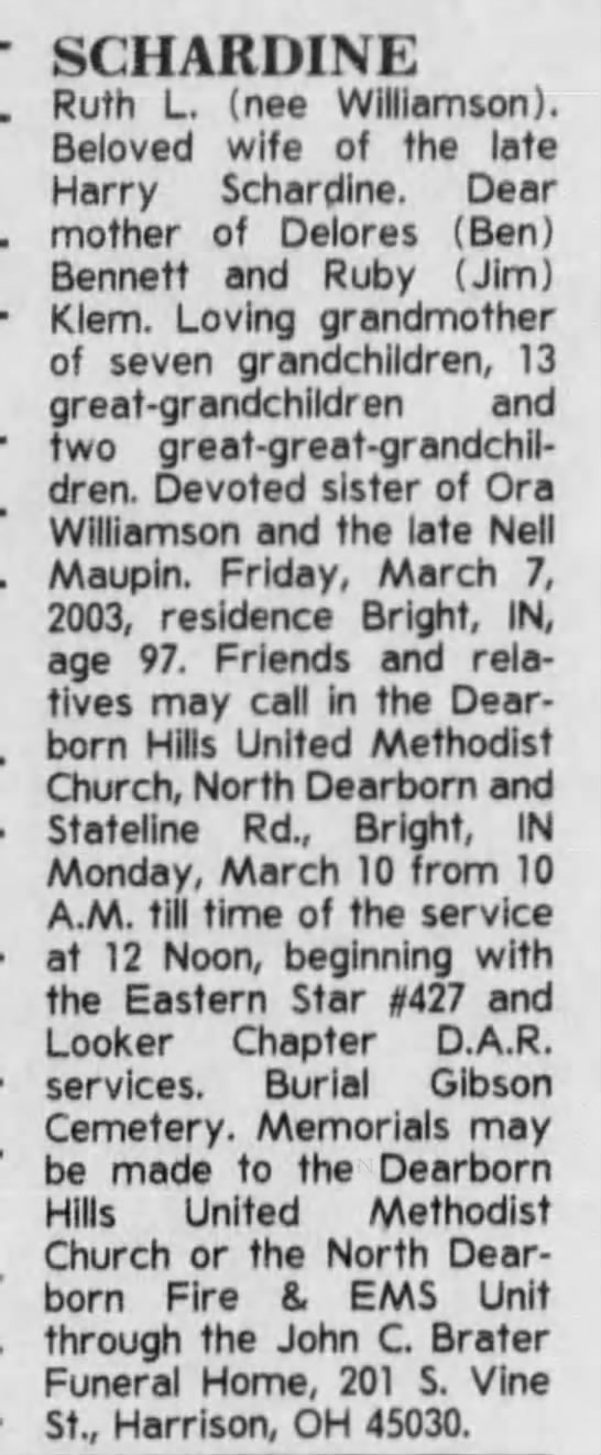Obituary for Ruth L. SCHARDINE nee Williamson (Aged 97) - 