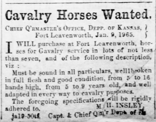Ad: cavalry horses wanted, Kansas 1865 - 