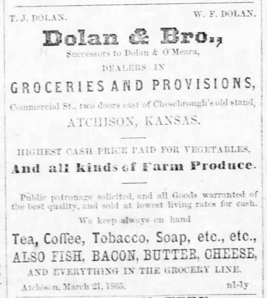 Grocery store ad, Kansas 1865 - 