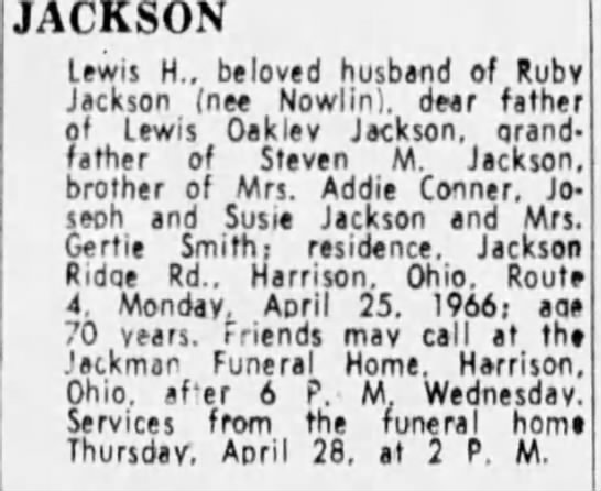 Obituary: Lewis H. JACKSON (Aged 70) - 