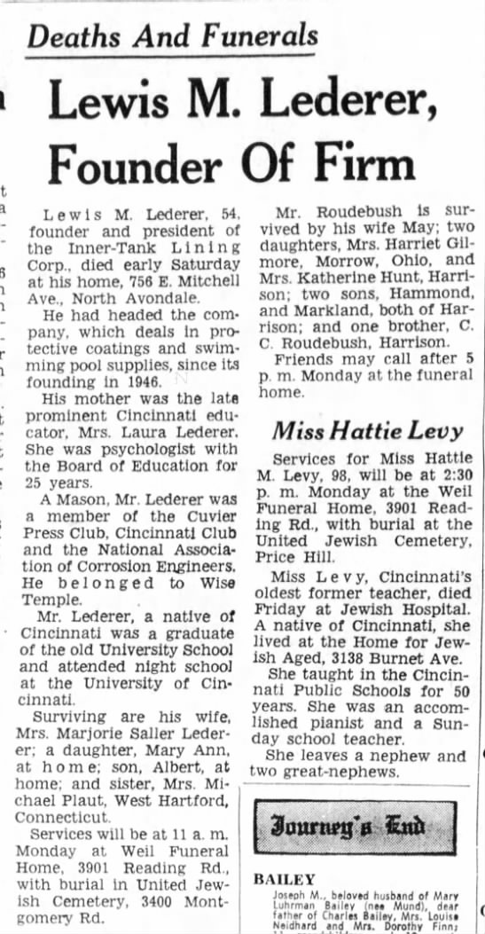 Lewis M Lederer obituary 1963 - 
