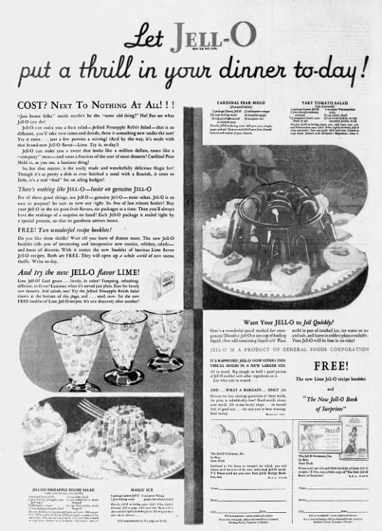 Jell-O ad with recipes from 1930 - 