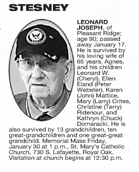 Obituary for LEONARD JOSEPH STESNEY (Aged 90)
