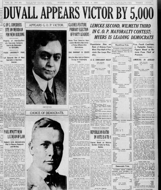 1925 May - Duvall Appears Victor by 5,000 Lemcke Second, Wilmeth Third - 