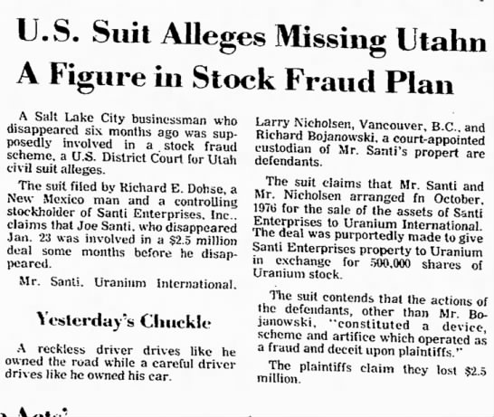 "U.S. Suit Alleges Missing Utahn a Figure in Stock Fraud Plan" (Joseph Santi) - 