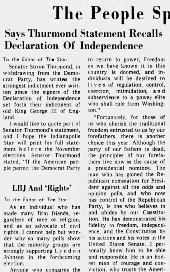 Strom Thurmond leaves "Democrat Party" 1964 - 