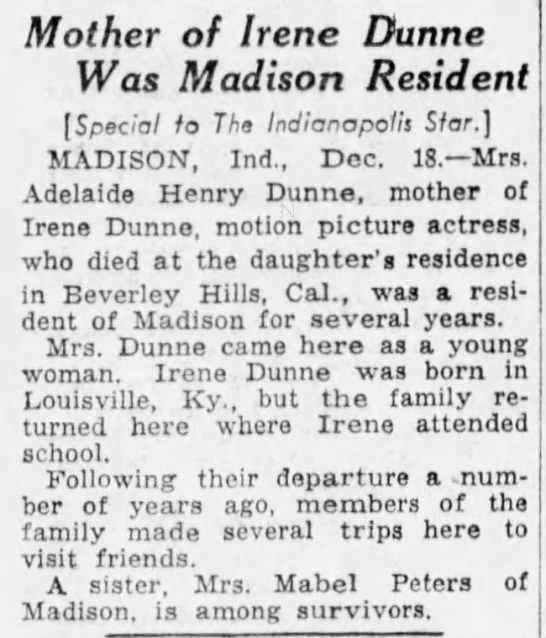 Mother of Irene Dunne was Madison Resident - 