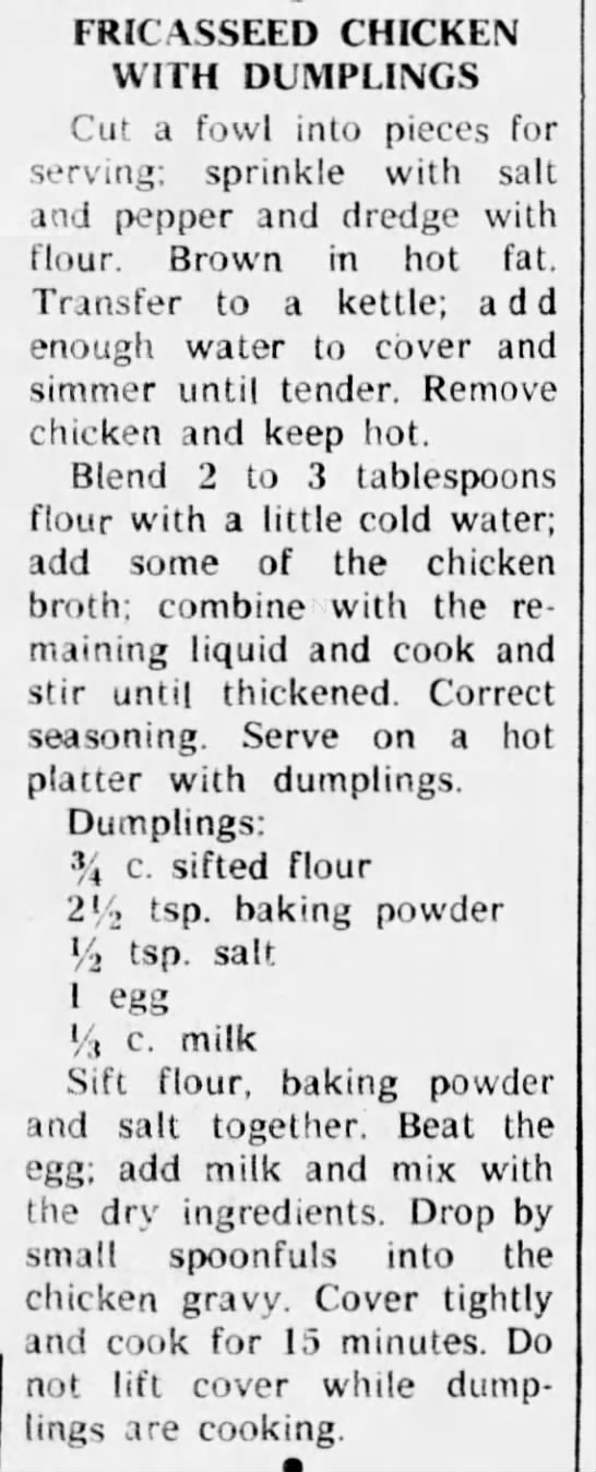 Recipe for Aunt Sammy's Fricasseed Chicken with Dumplings - 