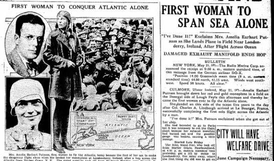 Amelia Earhart is first woman to fly solo across the Atlantic - 