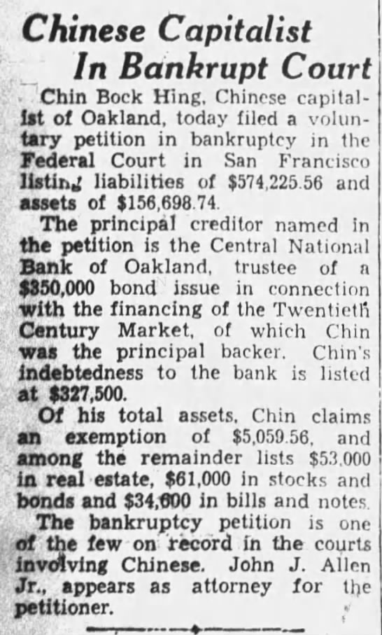 Chin Bock Hing - bankruptcy court, principal backer of 20th Century Market - 