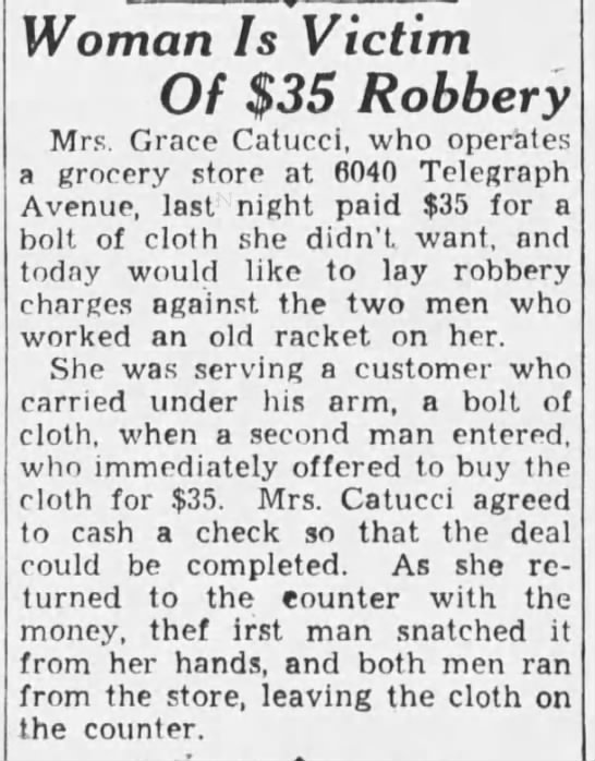 Grace Catucci robbed at 6040 Telegraph - 